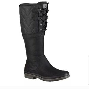 Ugg Womens Black Leather Elsa Deco Quilt Knee High Waterproof Winter Boot 8